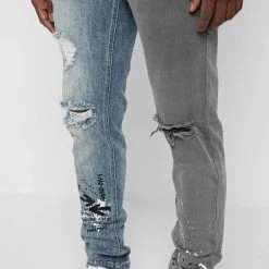 Man Denim Split Graffiti Jeans - Blue
