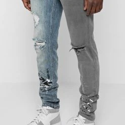 Man Denim Split Graffiti Jeans - Blue