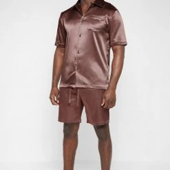 Man Shirts Satin Resort Shirt - Brown