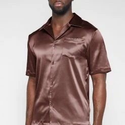 Man Shirts Satin Resort Shirt - Brown