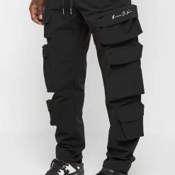 Man Casual Trousers Multi Pocket Cargo Pants - Black