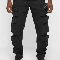 Man Casual Trousers Multi Pocket Cargo Pants - Black