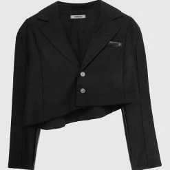 Woman Jackets Asymmetric Woven & Leather Blazer - Black CO-ORDS