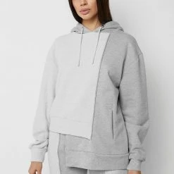 Woman Tracksuits Asymmetric Towelling Panel Hoodie - Grey