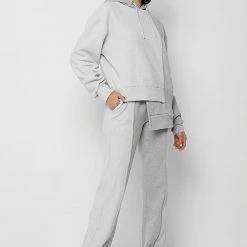 Woman Tracksuits Asymmetric Towelling Panel Hoodie - Grey