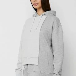Woman Tracksuits Asymmetric Towelling Panel Hoodie - Grey