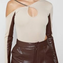 Woman Tops Asymmetric High Leg Bodysuit With Chain - Beige