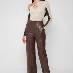 Woman Tops Asymmetric High Leg Bodysuit With Chain - Beige