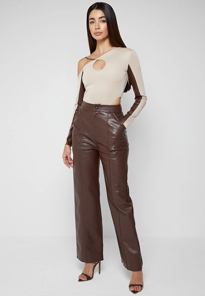 Woman Tops Asymmetric High Leg Bodysuit With Chain - Beige