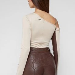 Woman Tops Asymmetric High Leg Bodysuit With Chain - Beige