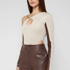 Woman Tops Asymmetric High Leg Bodysuit With Chain - Beige