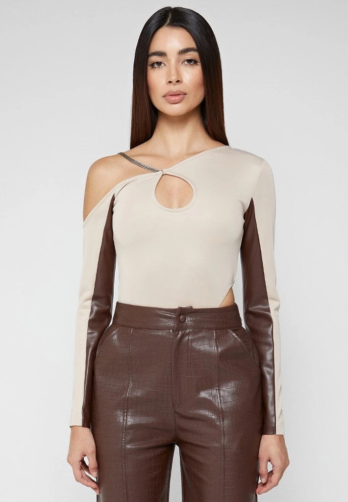 Woman Tops Asymmetric High Leg Bodysuit With Chain - Beige