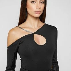 Woman Tops BODYSUITS Asymmetric High Leg Bodysuit With Chain - Black