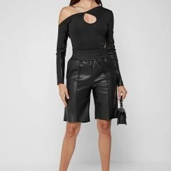 Woman Tops BODYSUITS Asymmetric High Leg Bodysuit With Chain - Black