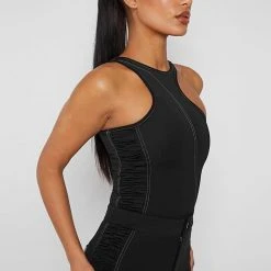 Woman Tops Asymmetric Ruched Side Bodysuit - Black BODYSUITS