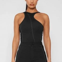 Woman Tops Asymmetric Ruched Side Bodysuit - Black BODYSUITS