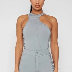 Woman Tops BODYSUITS Asymmetric Ruched Side Bodysuit - Iced Grey