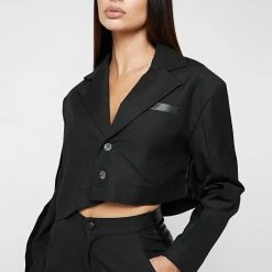 Woman Jackets Asymmetric Woven & Leather Blazer - Black CO-ORDS