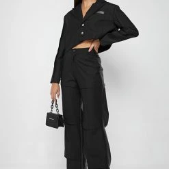 Woman Jackets Asymmetric Woven & Leather Blazer - Black CO-ORDS