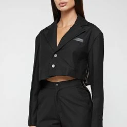 Woman Jackets Asymmetric Woven & Leather Blazer - Black CO-ORDS