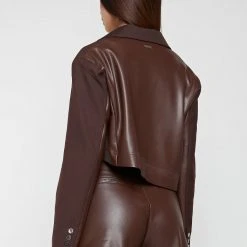 Woman Jackets Asymmetric Woven & Leather Blazer - Brown