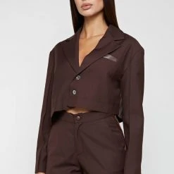 Woman Jackets Asymmetric Woven & Leather Blazer - Brown