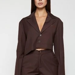 Woman Jackets Asymmetric Woven & Leather Blazer - Brown