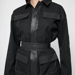 Woman Dresses Belted Cargo Shacket Dress - Black