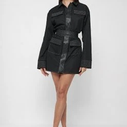 Woman Dresses Belted Cargo Shacket Dress - Black