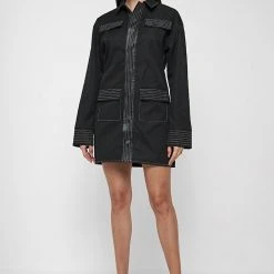 Woman Dresses Belted Cargo Shacket Dress - Black