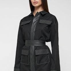 Woman Dresses Belted Cargo Shacket Dress - Black