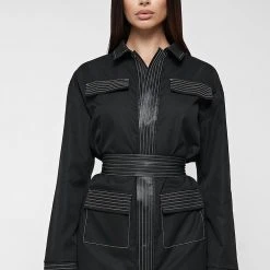 Woman Dresses Belted Cargo Shacket Dress - Black
