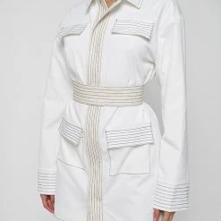 Woman Dresses Belted Cargo Shacket Dress - White