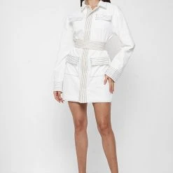 Woman Dresses Belted Cargo Shacket Dress - White