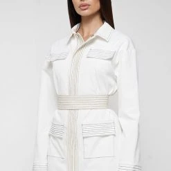 Woman Dresses Belted Cargo Shacket Dress - White