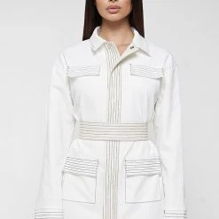 Woman Dresses Belted Cargo Shacket Dress - White