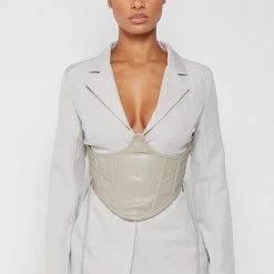 Woman Jackets Blazer With Vegan Leather Corset - Stone