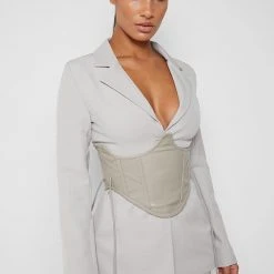 Woman Jackets Blazer With Vegan Leather Corset - Stone