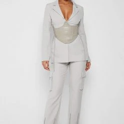 Woman Jackets Blazer With Vegan Leather Corset - Stone