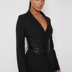 Woman Jackets Blazer With Vegan Leather Corset - Black CO-ORDS