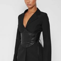 Woman Jackets Blazer With Vegan Leather Corset - Black CO-ORDS