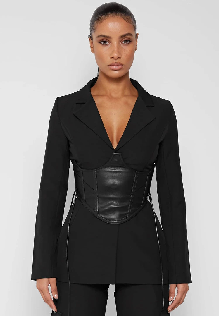 Woman Jackets Blazer With Vegan Leather Corset - Black CO-ORDS