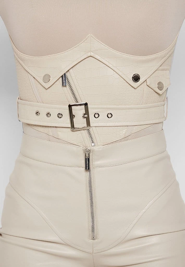 Woman Tops BODYSUITS Bodysuit With Croc Vegan Leather Corset - Beige
