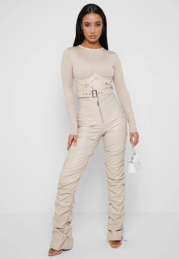 Woman Tops BODYSUITS Bodysuit With Croc Vegan Leather Corset - Beige