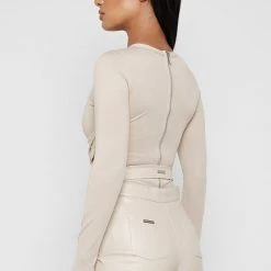 Woman Tops BODYSUITS Bodysuit With Croc Vegan Leather Corset - Beige