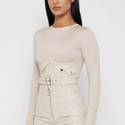 Woman Tops BODYSUITS Bodysuit With Croc Vegan Leather Corset - Beige