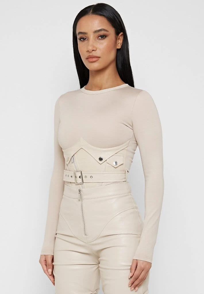 Woman Tops BODYSUITS Bodysuit With Croc Vegan Leather Corset - Beige