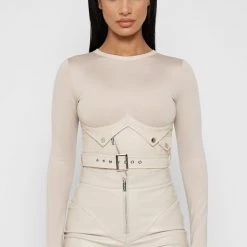 Woman Tops BODYSUITS Bodysuit With Croc Vegan Leather Corset - Beige