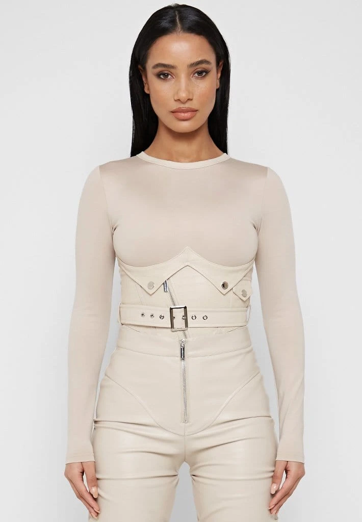 Woman Tops BODYSUITS Bodysuit With Croc Vegan Leather Corset - Beige