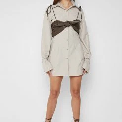 Woman Dresses Bralette Shirt Dress With Chain Cuff - Beige/Brown